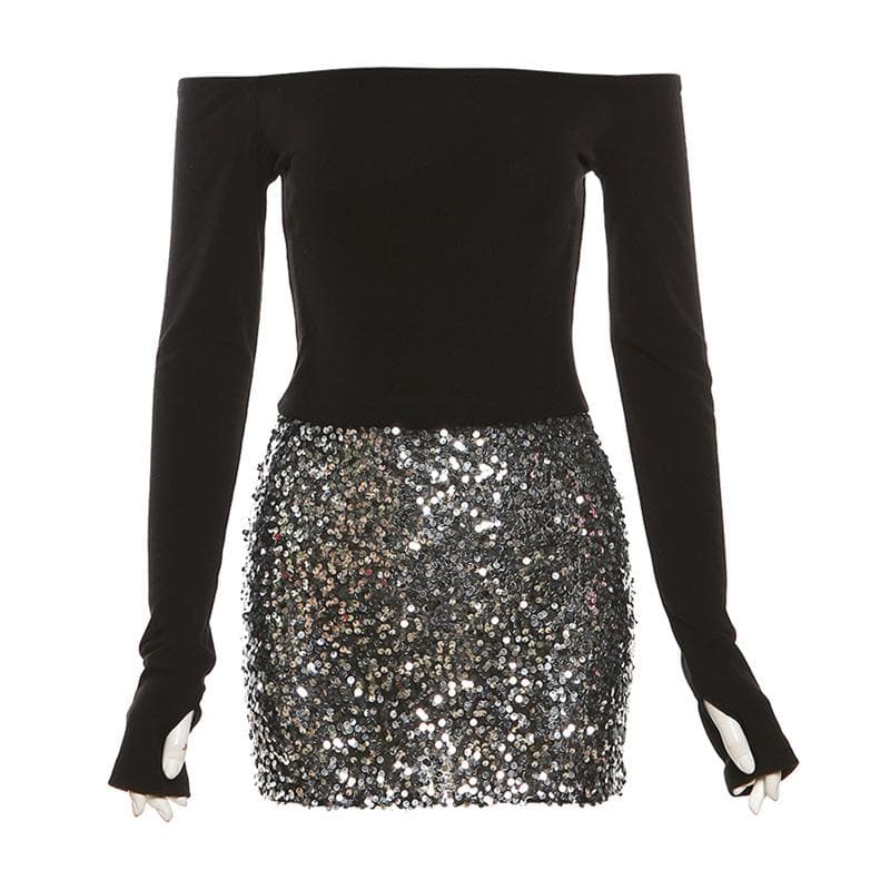 Glitter patchwork off shoulder gloves mini dress