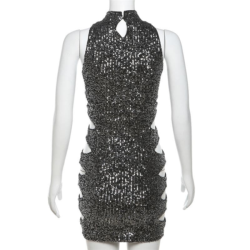 Glitter hollow out high neck button sleeveless mini dress