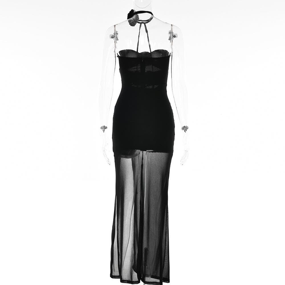 Flower applique sheer mesh hollow out solid backless zip-up slit tube midi dress