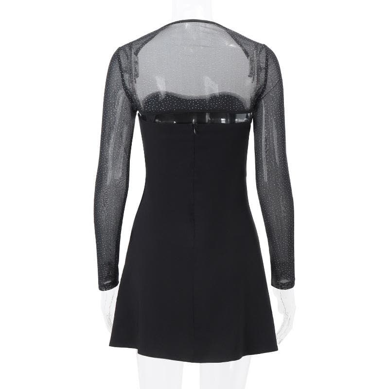 Long sleeve bowknot mesh shrug slit zip-up glitter 2 piece mini dress