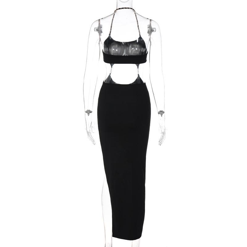 Metal chain halter backless hollow out slit solid midi dress