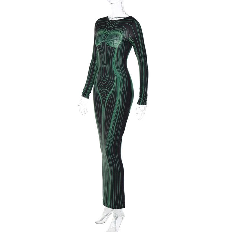 Long sleeve round neck contrast abstract body print maxi dress