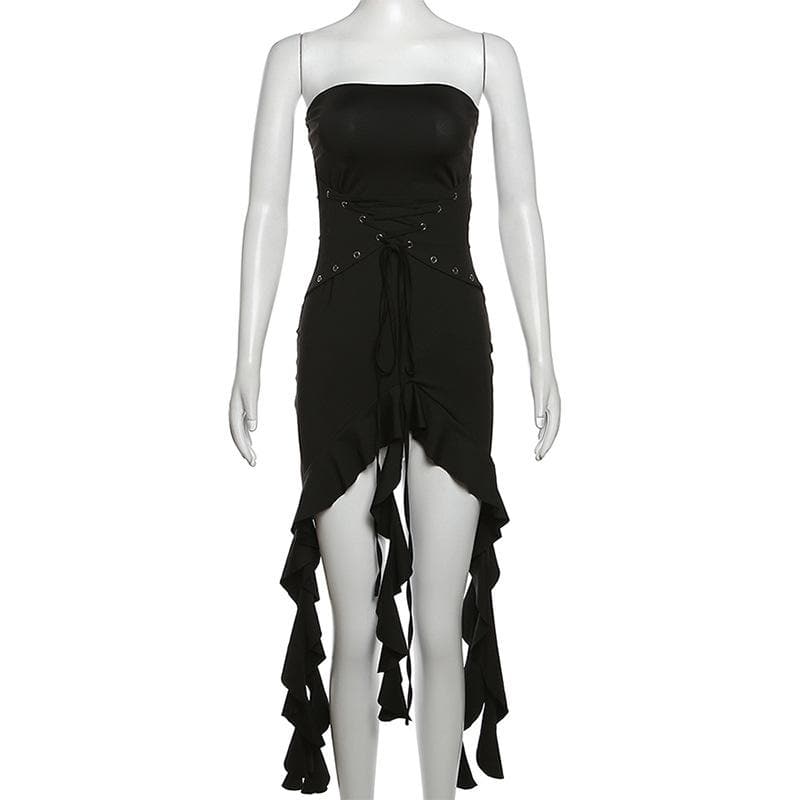 Lace up solid ruffle backless irregular tube mini dress