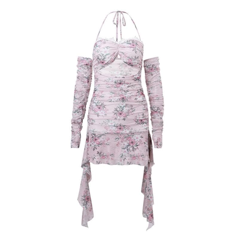 Halter hollow out lace hem flower print gloves mini dress