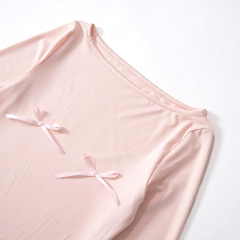 Bowknot ruched solid patchwork long sleeve self tie mini dress