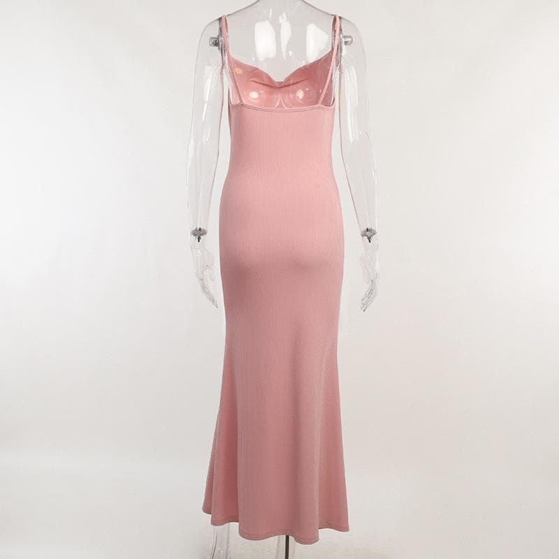 Sleeveless solid ribbed cowl neck backless ruffle maxi dress
