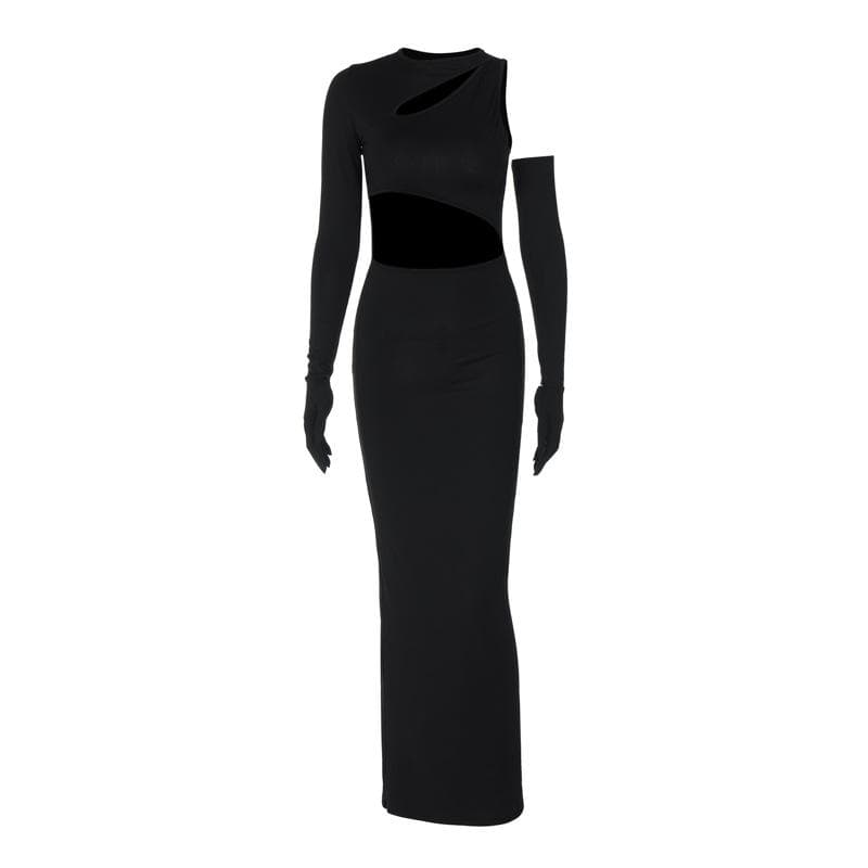 Long sleeve gloves irregular hollow out crewneck maxi dress