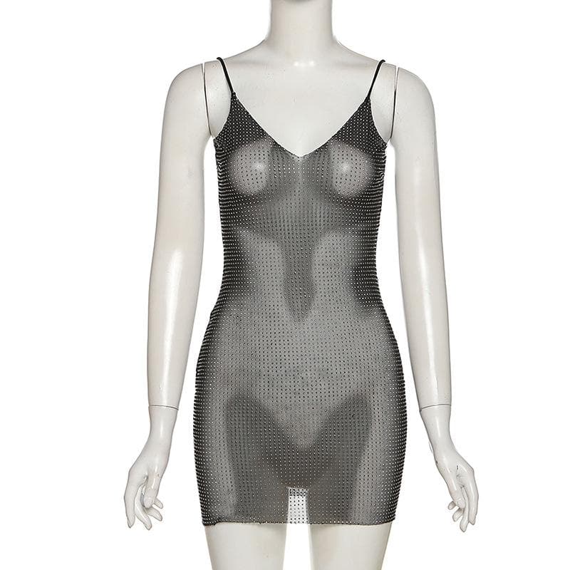 Beaded V neck sheer mesh see through mini dress