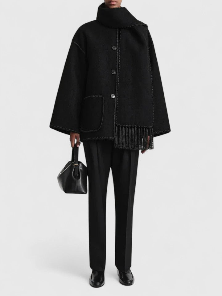 Contrast Stitch Scarf Collar Fringe Button-Front Wool Jacket