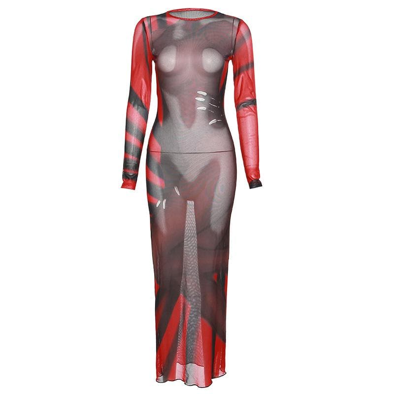 Long sleeve contrast sheer mesh see through midi dress