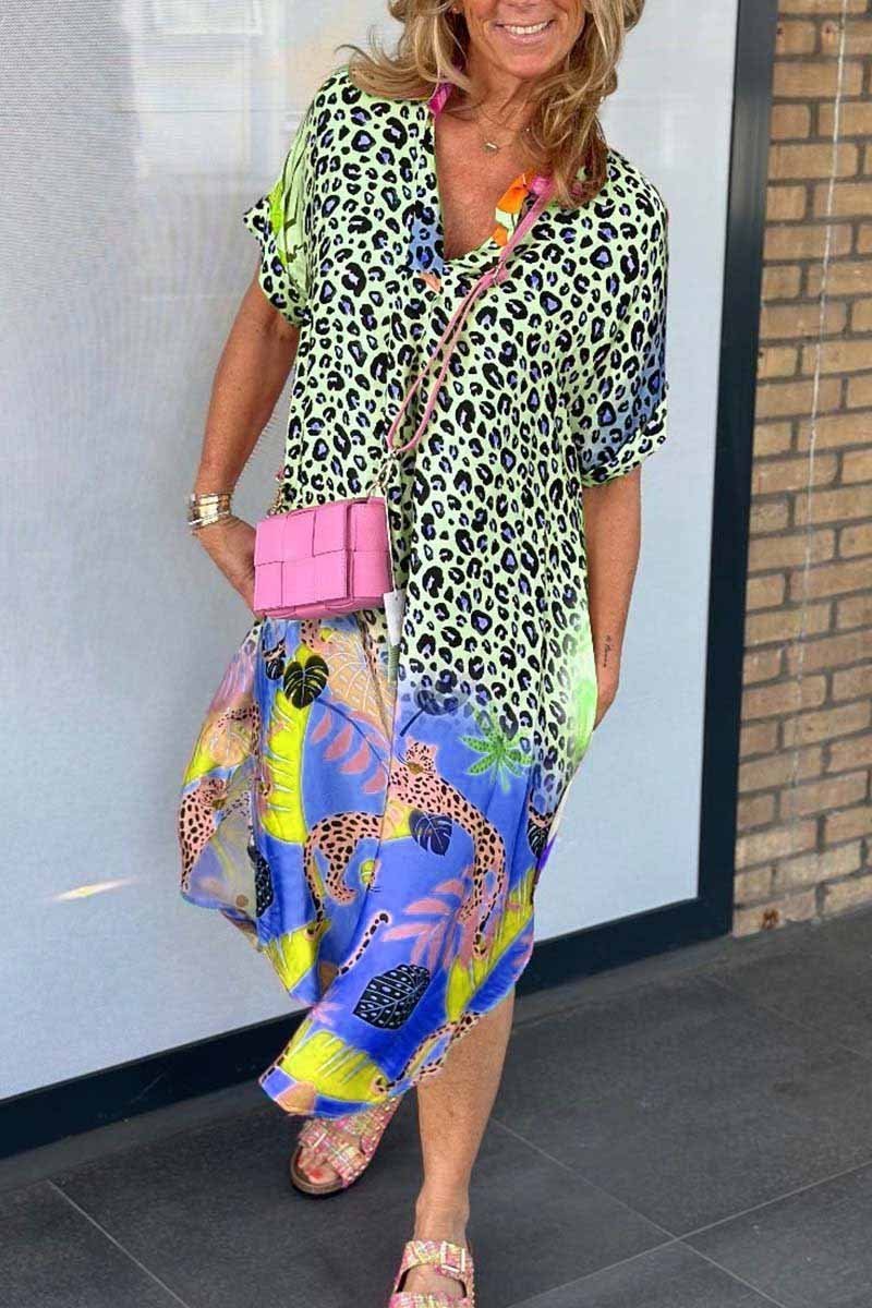 Milagros Chic Casual Leopard Print Dress with Short Sleeves Silhouette Collection