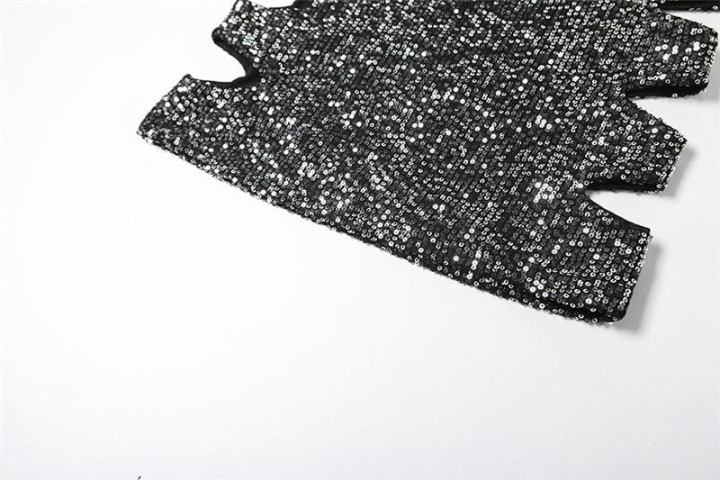 Glitter hollow out high neck button sleeveless mini dress