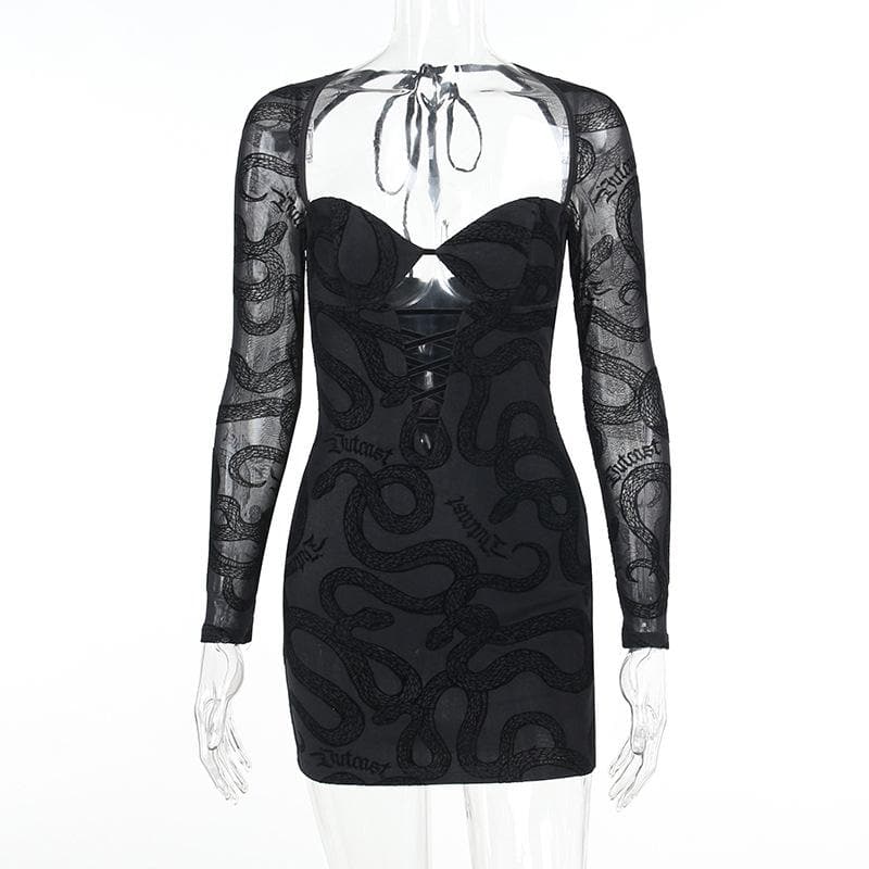 Mesh self tie long sleeve solid lace up mini dress