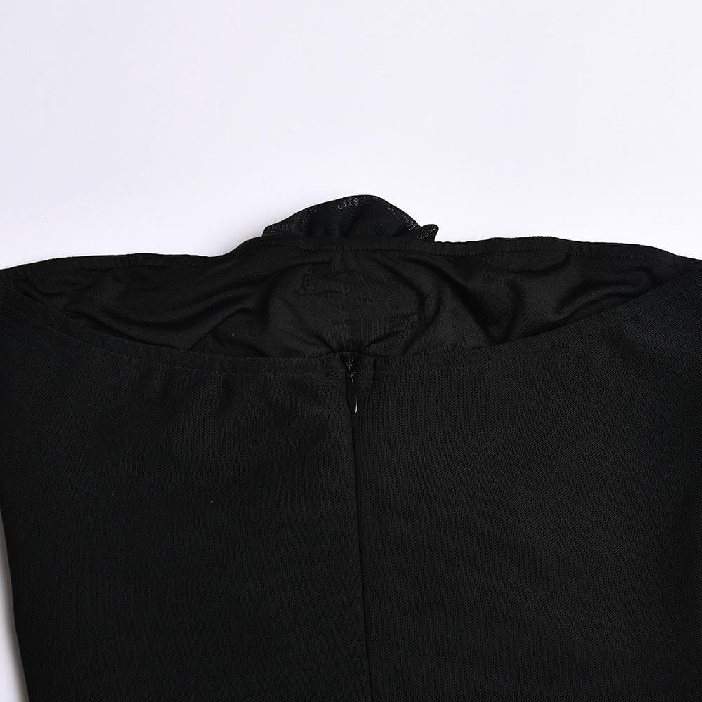 Flower applique sheer mesh hollow out solid backless zip-up slit tube midi dress