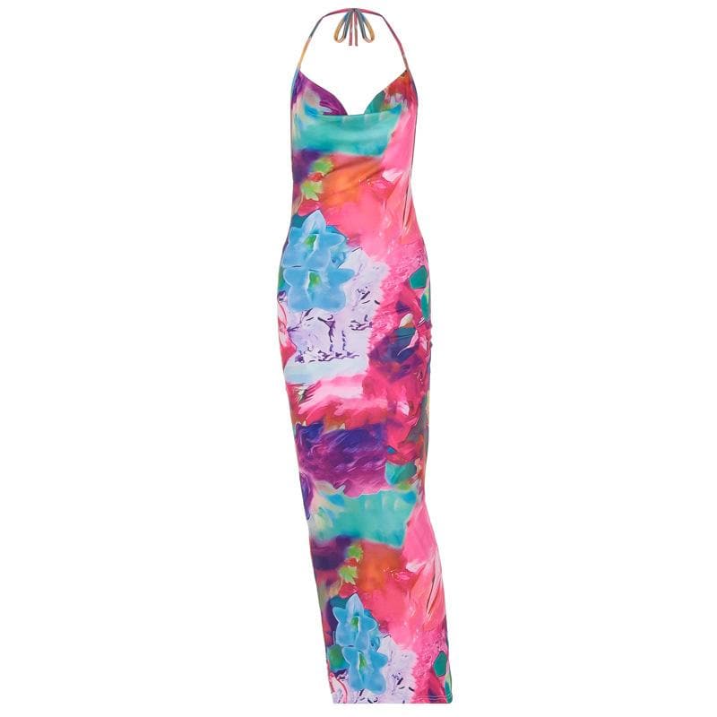 Cowl neck halter backless ruched flower print maxi dress