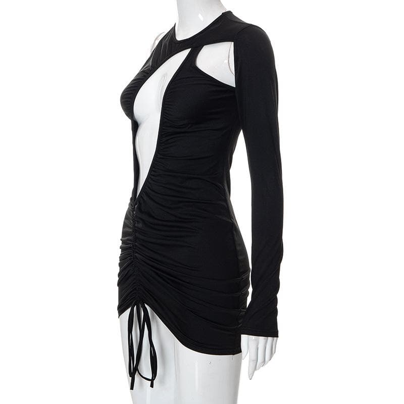 Ruched drawstring irregular solid one shoulder hollow out mini dress