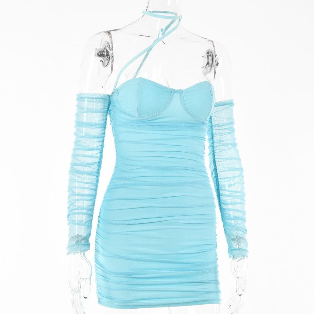 Solid ruched halter mesh long sleeve off shoulder mini dress