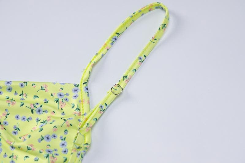 Flower print square neck backless contrast mini dress