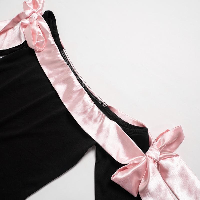 Bowknot contrast gloves long sleeve 3-way off shoulder mini dress