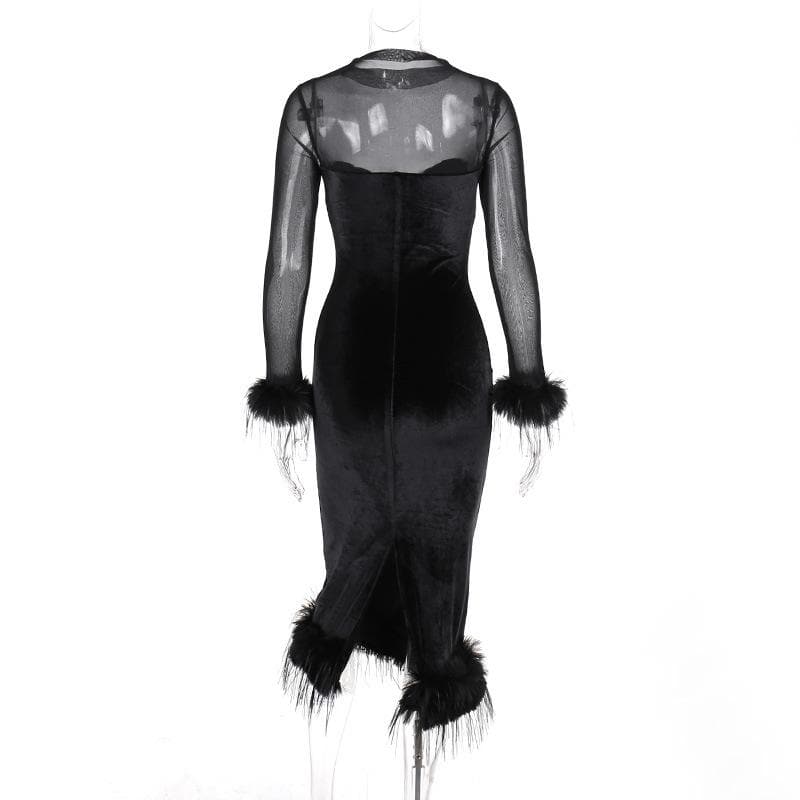 Long sleeve feather velvet mesh patchwork slit high neck midi dress