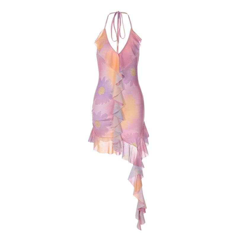 Halter v neck ruffle backless ribbon contrast self tie mini dress