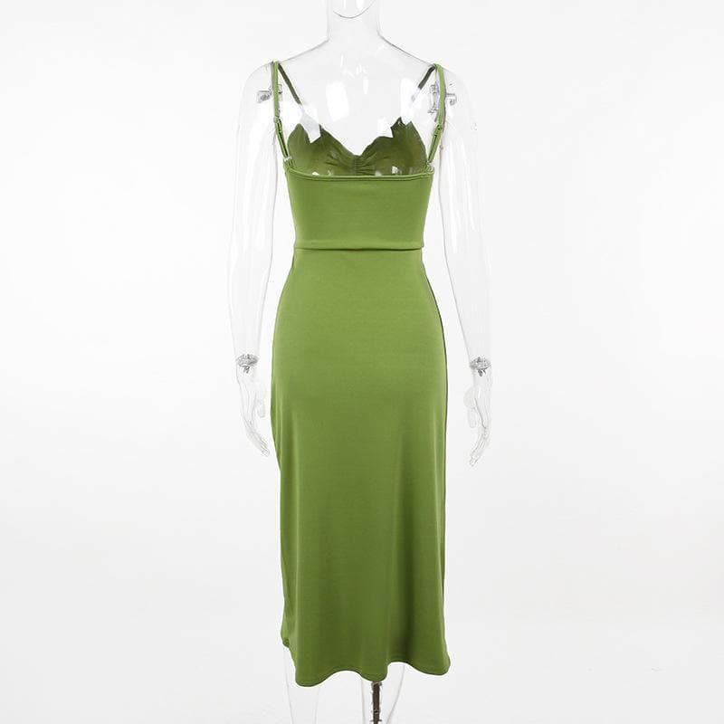Solid hollow out drawstring v neck backless cami midi dress