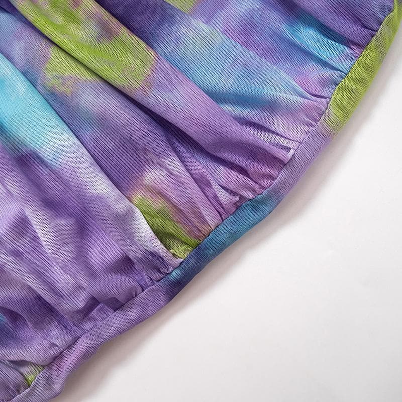 Ruched tie dye sleeveless crewneck mesh mini dress - Final Sale