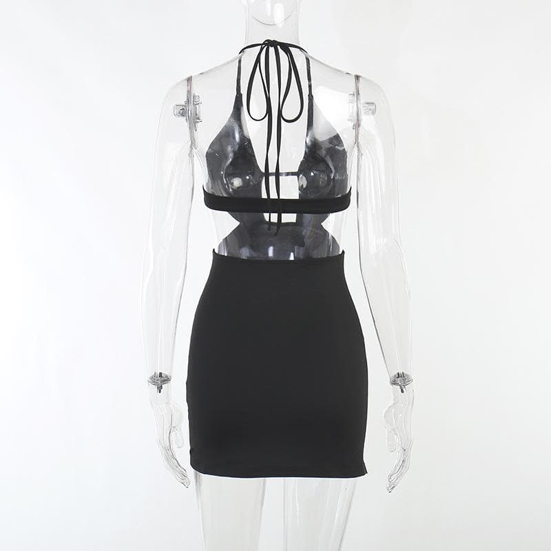 Beaded solid halter backless hollow out slit mini dress