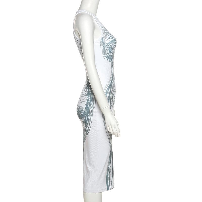 Line pattern contrast u neck body print sleeveless midi dress