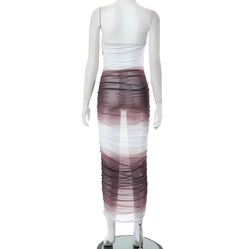 Gradient sheer mesh see through ruched tube maxi dress