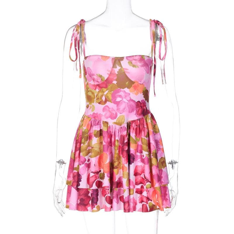 Flower print self tie square neck contrast ruffle mini dress