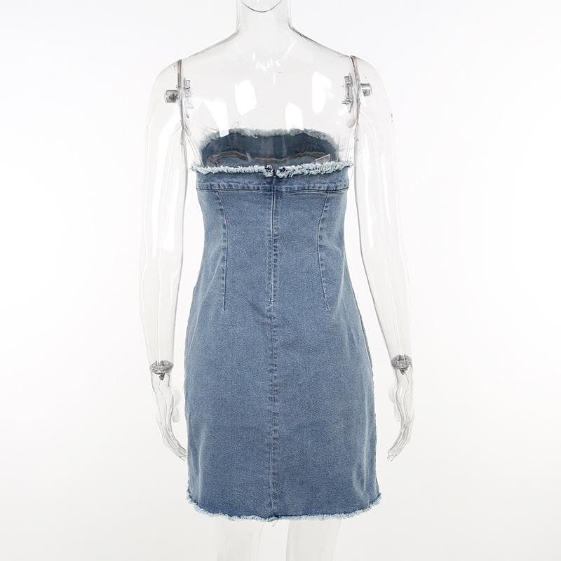 Raw hem zip-up backless contrast denim tube mini dress