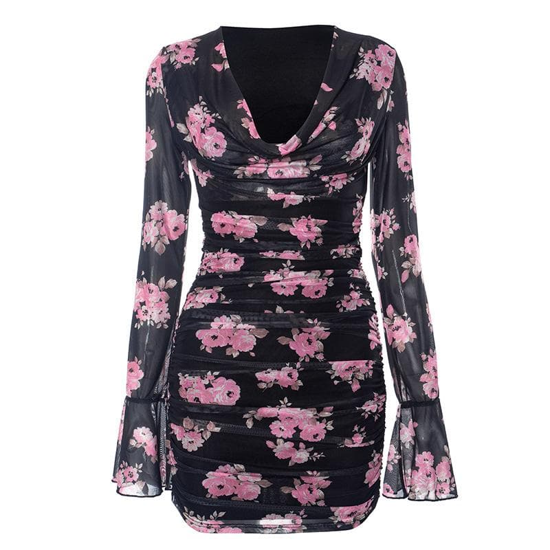 Long flared sleeve cowl neck ruffle flower print sheer mesh mini dress