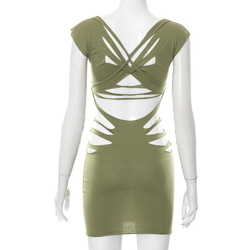 Round neck short sleeve hollow out solid dress