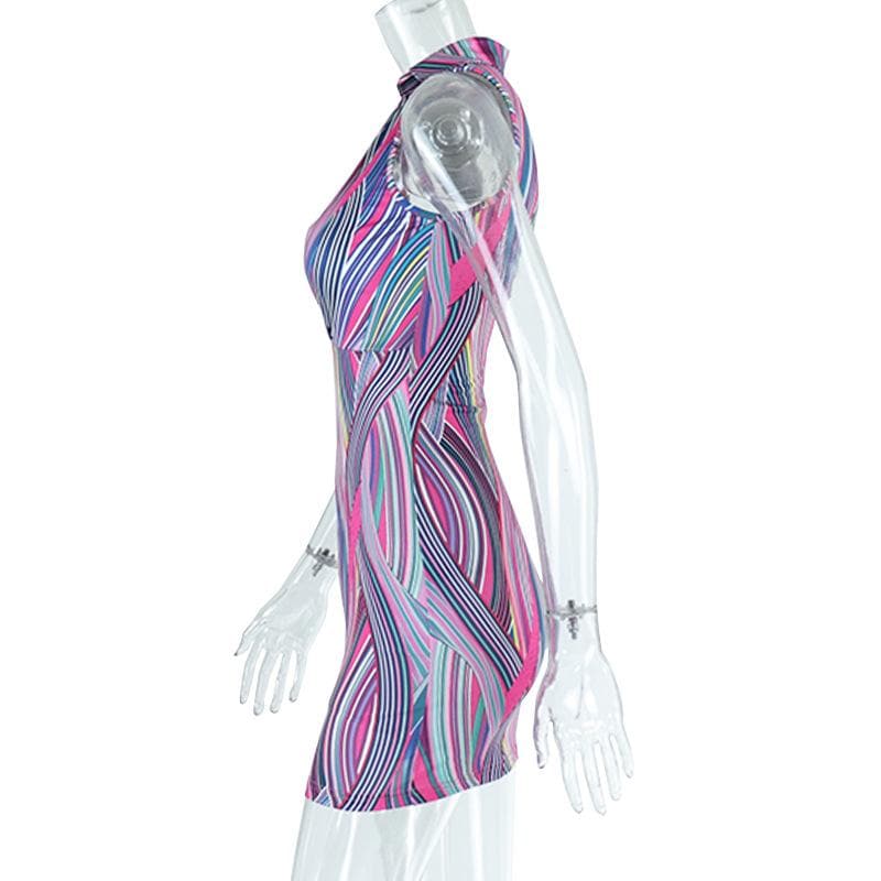 Contrast striped print turnover collar v neck sleeveless mini dress