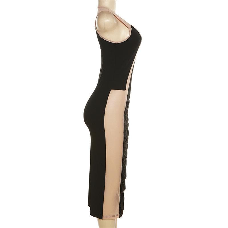 Sleeveless mesh contrast round neck midi dress
