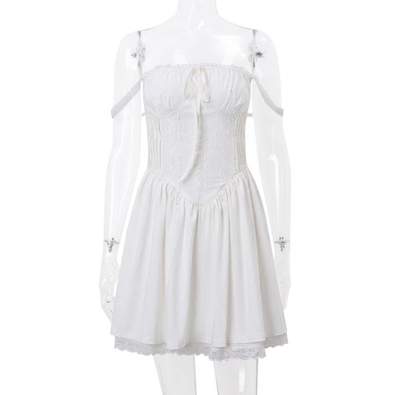 Lace hem lace up ruched backless square neck mini dress