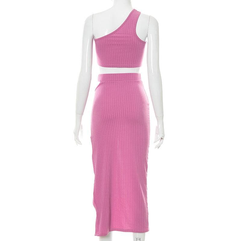 Ribbed solid one shoulder hollow out slit irregular midi dress