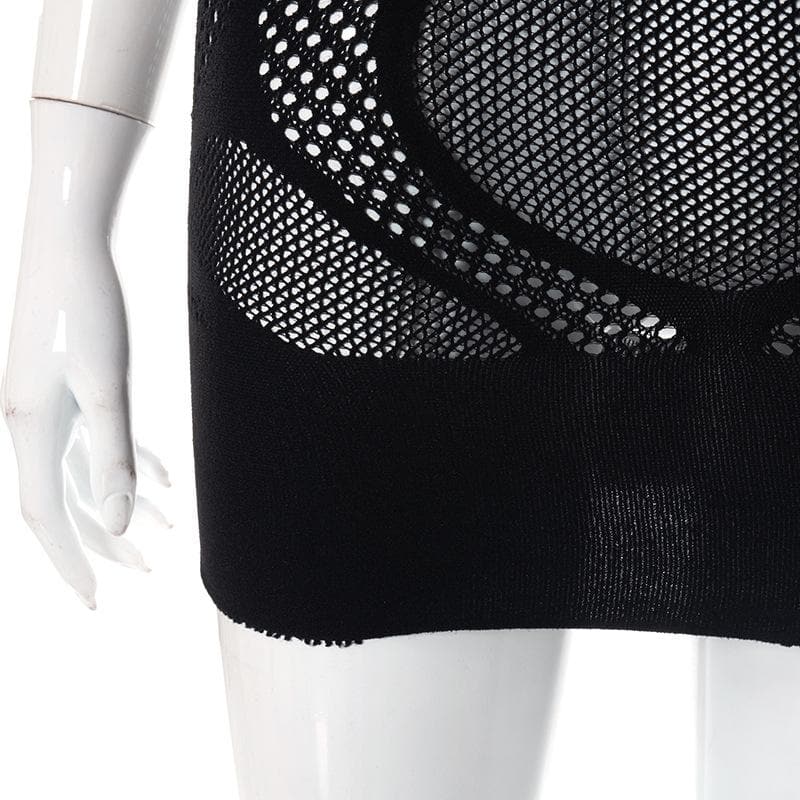 Fishnet sleeveless hollow out high neck see through mini dress