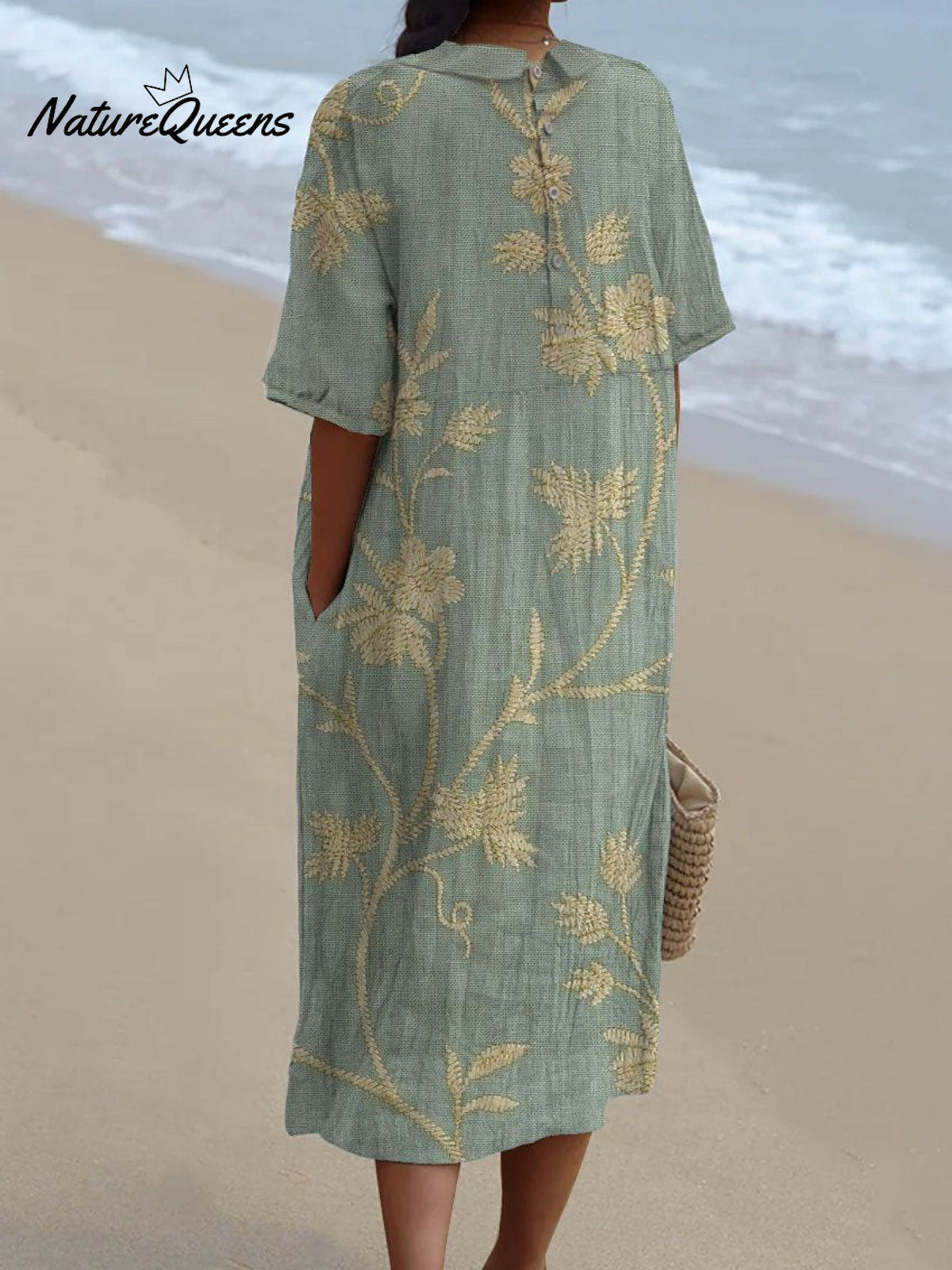 Collared Floral Embroidered Short Sleeve Linen Relaxed Midi Dress