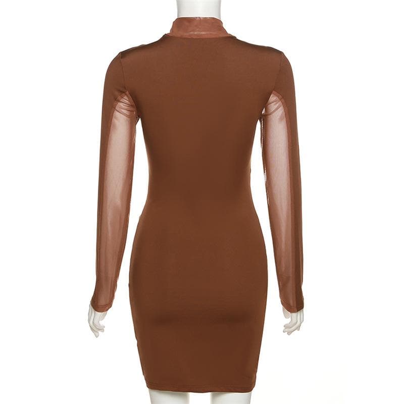 Long sleeve irregular high neck solid mesh mini dress