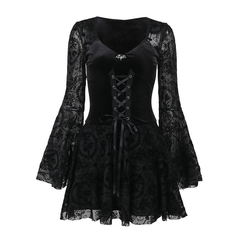 Flared sleeve velvet lace up solid patchwork mini dress