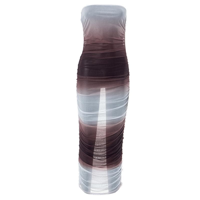 Gradient sheer mesh see through ruched tube maxi dress