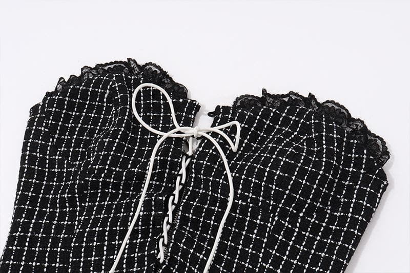 Long sleeve mesh plaid bowknot lace up shrug 2 piece mini dress