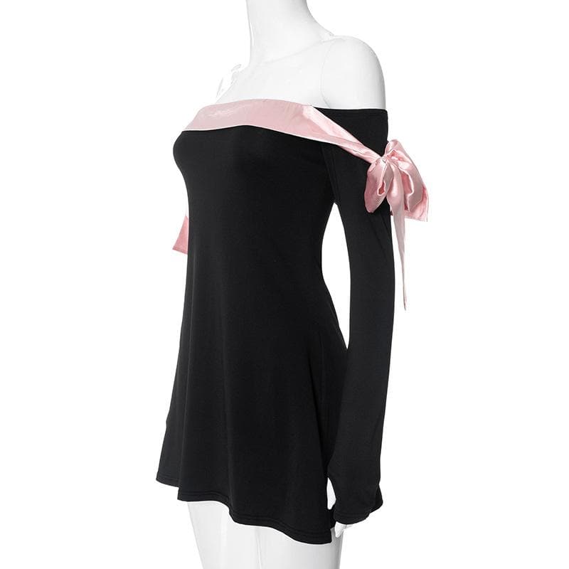 Bowknot contrast gloves long sleeve 3-way off shoulder mini dress