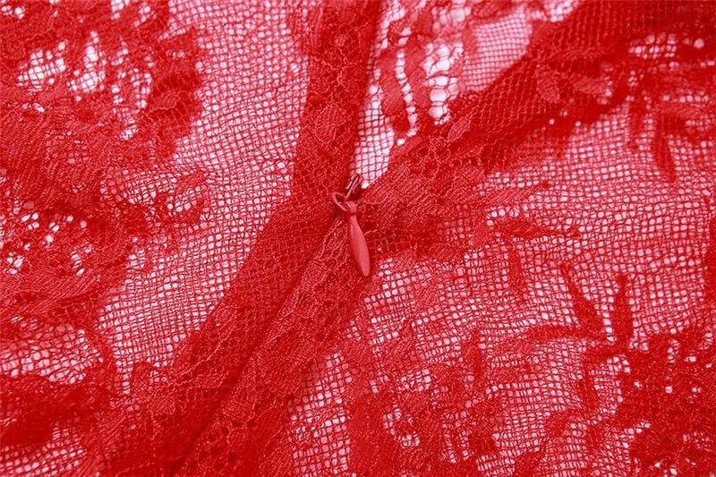 Lace see through solid long sleeve corset zip-up slit midi dress