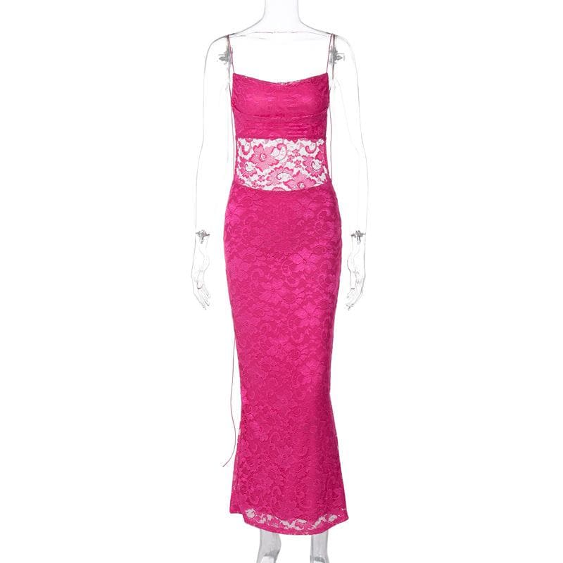Lace solid square neck ruched spaghetti strap backless maxi dress