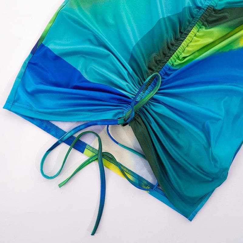 Contrast print drawstring long sleeve v neck ruched mini dress