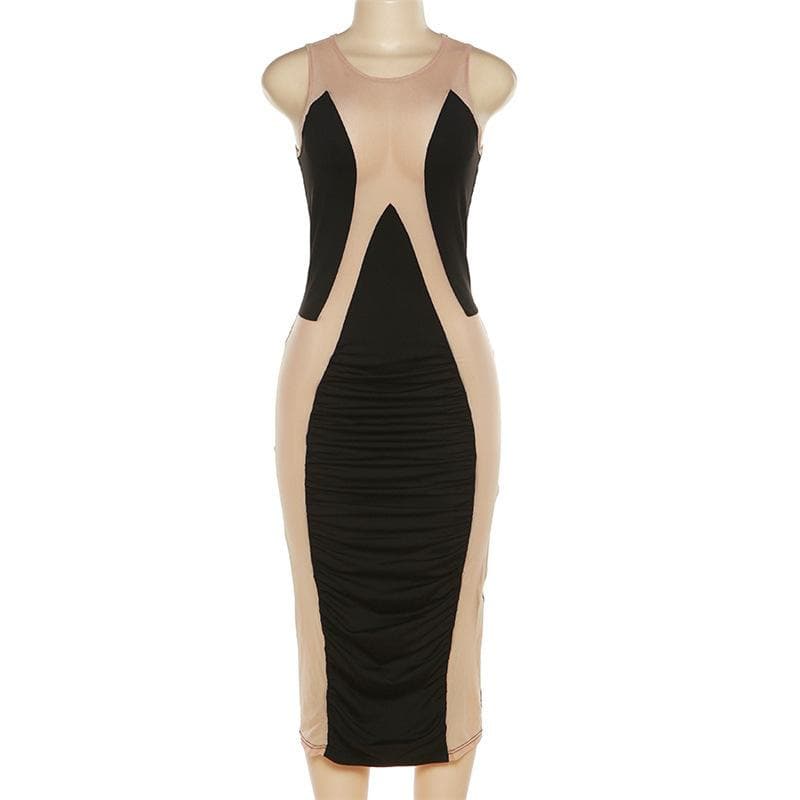 Sleeveless mesh contrast round neck midi dress