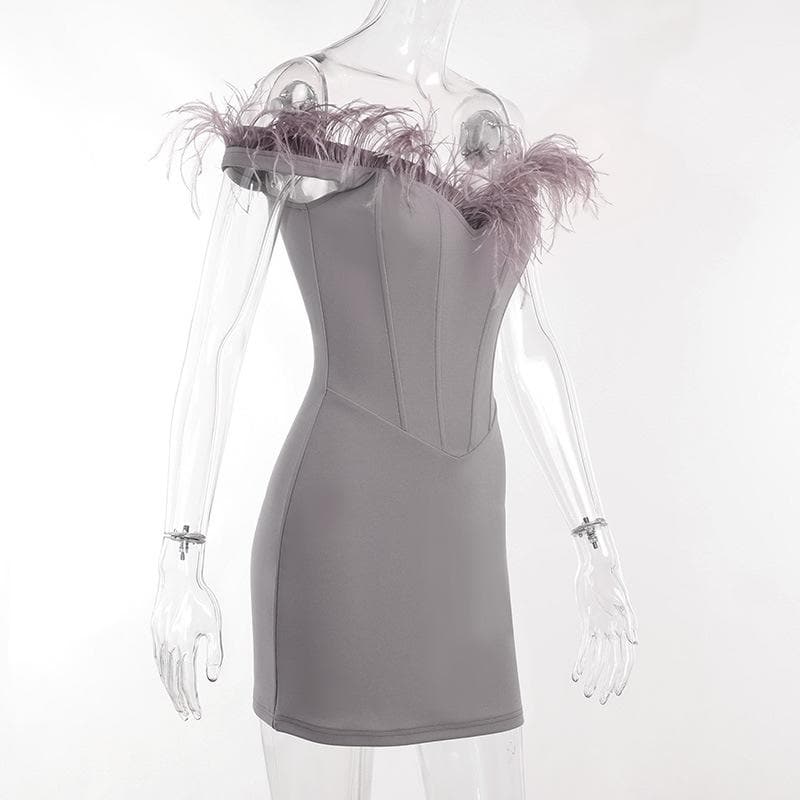 Feather backless zip-up off shoulder corset mini dress